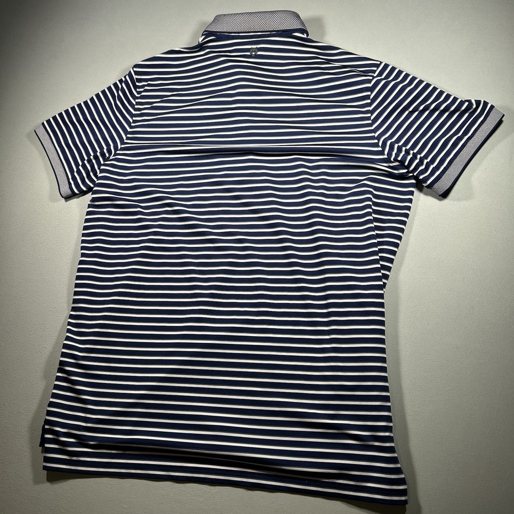 Greyson Polo Shirt Mens Large Navy White Striped Golf Knit Collar Stretch Wolf - Picture 4 of 6
